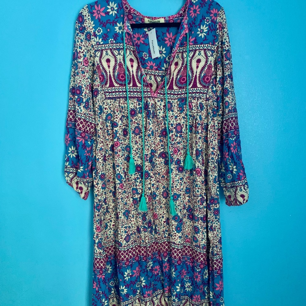 ForeMode Boho Dress Pink Blue Purple Tassles New